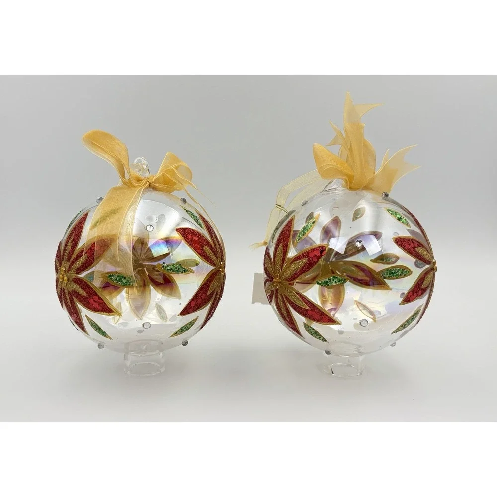 Dillards Trimmings Blown Glass Christmas Ornaments Set 2 Red Poinsettia Gold VTG